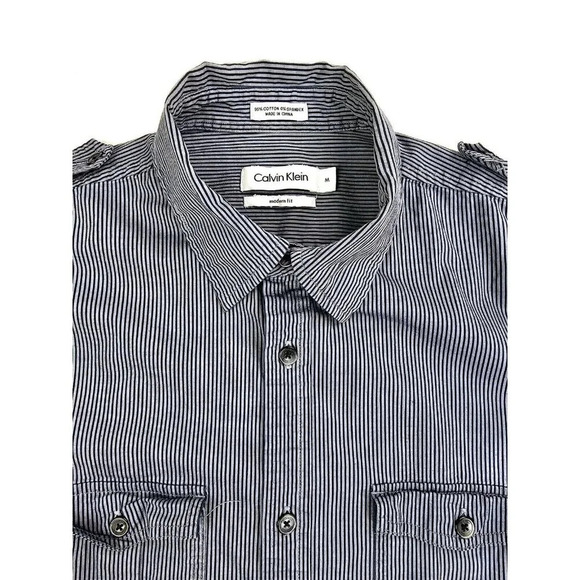 Calvin Klein Modern Fit Size Medium Men's Gray Navy Stripe Long Sleeve Shirt - Picture 1 of 12